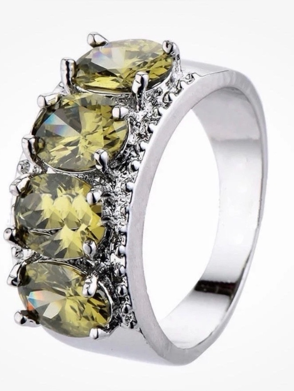 Size 6 Silver Ring with Olive Green Peridot Stones August Birthstone